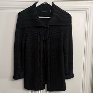 Tahari Size S/M Black Open Cardigan Shawl Collar Snap Closure Cable Knit Wool